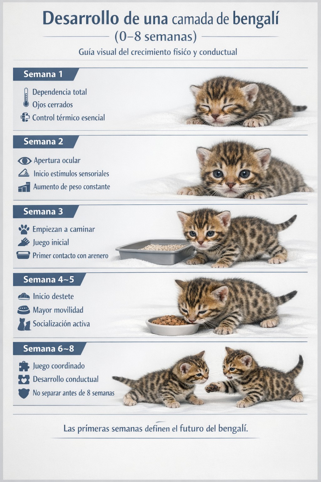 Infografía sobre el desarrollo de una camada de gatos bengalíes