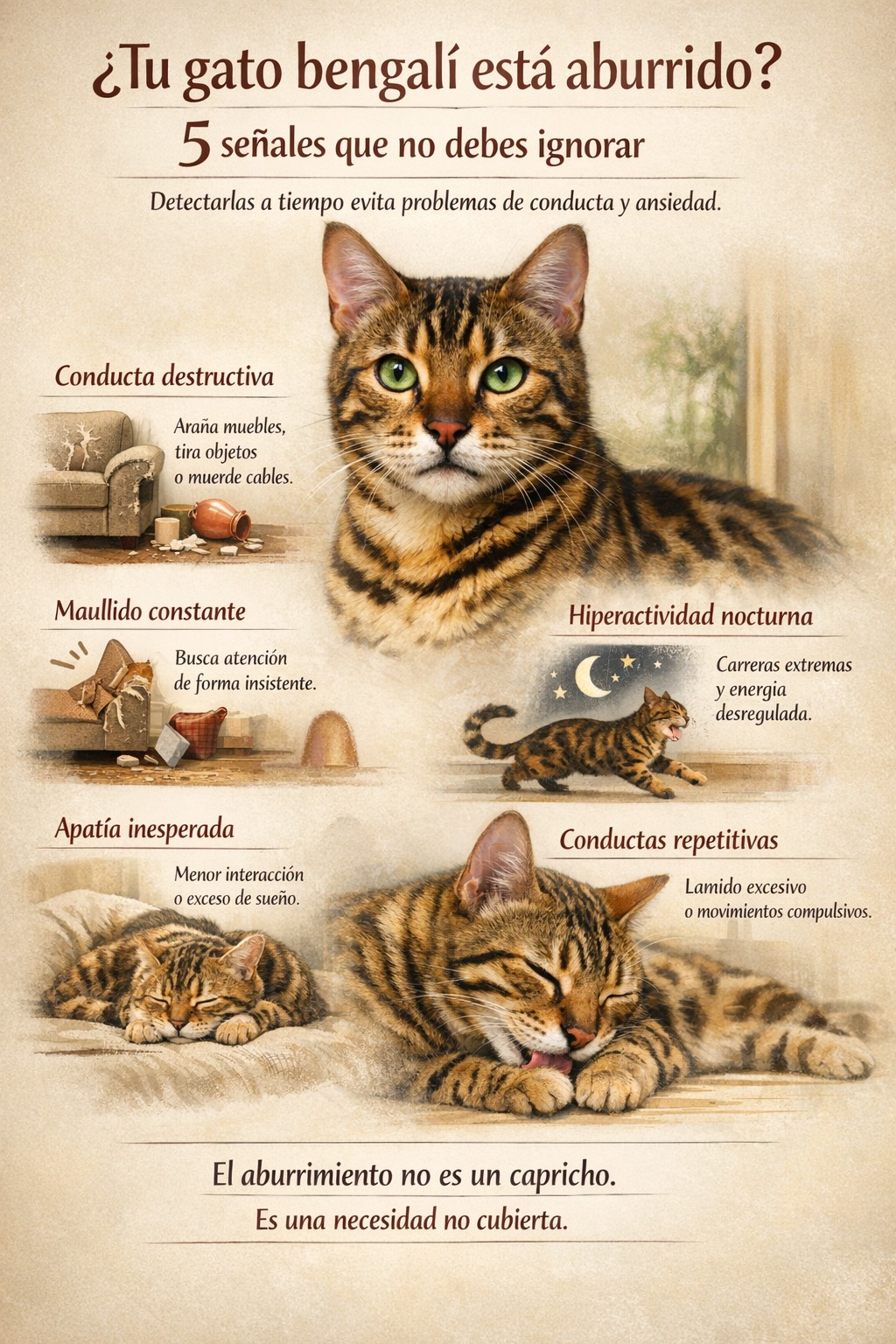 Infografía sobre las 5 señales que no debes ignorar para detectar que tu gato bengalí está aburrido