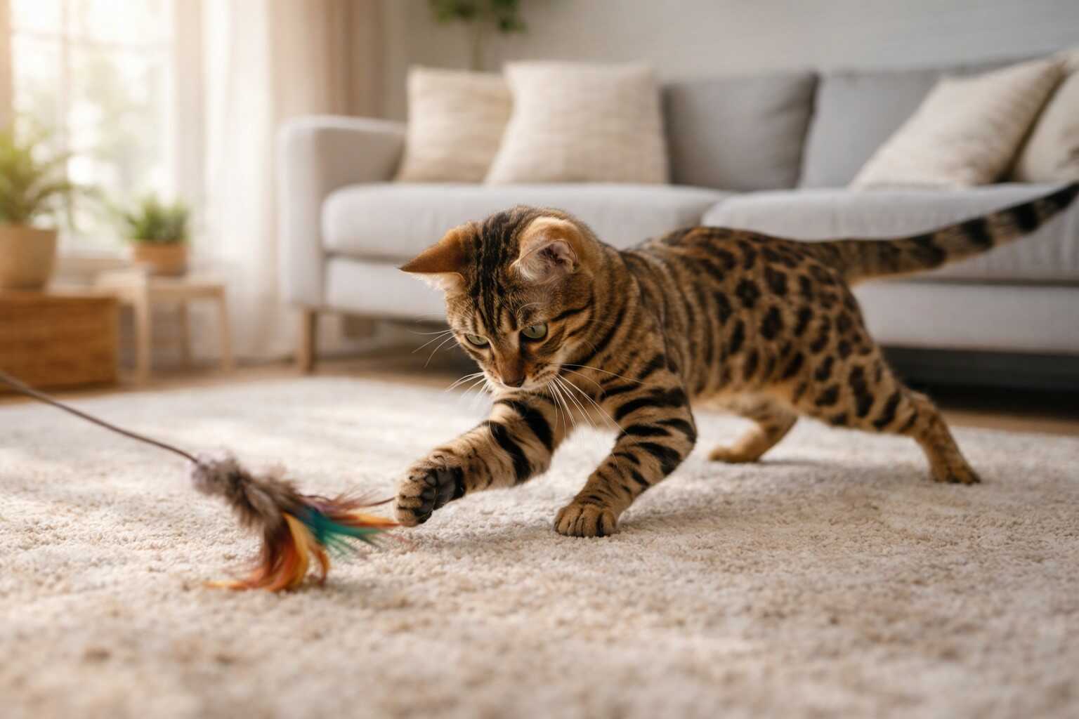 gato bengalí jugando en apartamento mascota ideal para personas ocupadas