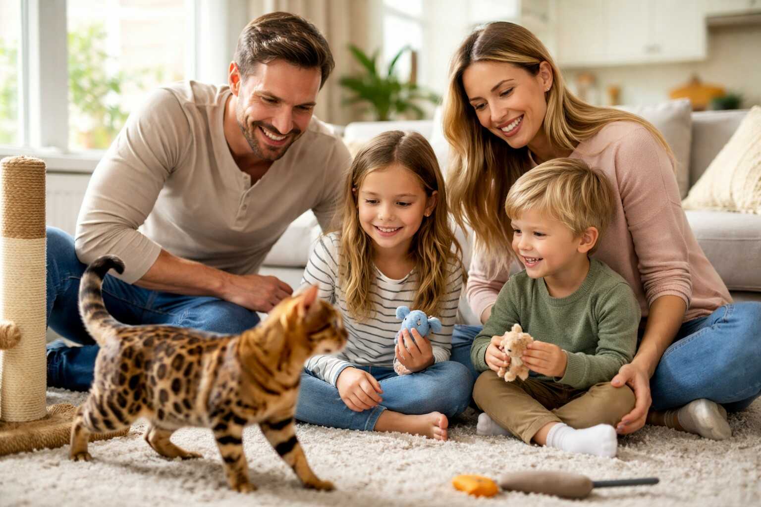 familia jugando con un gato en casa al elegir mascota familiar