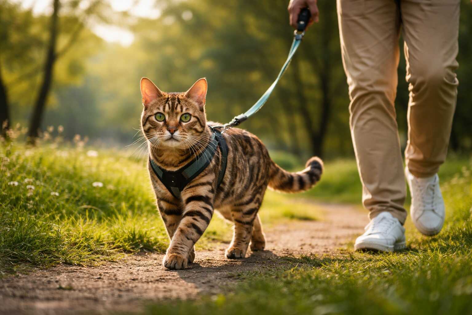 Gato bengalí paseando con arnés junto a su dueño en un parque