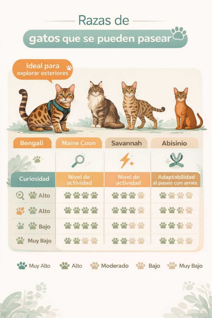 Infografía de razas de gatos que se pueden pasear con arnés destacando el gato bengalí