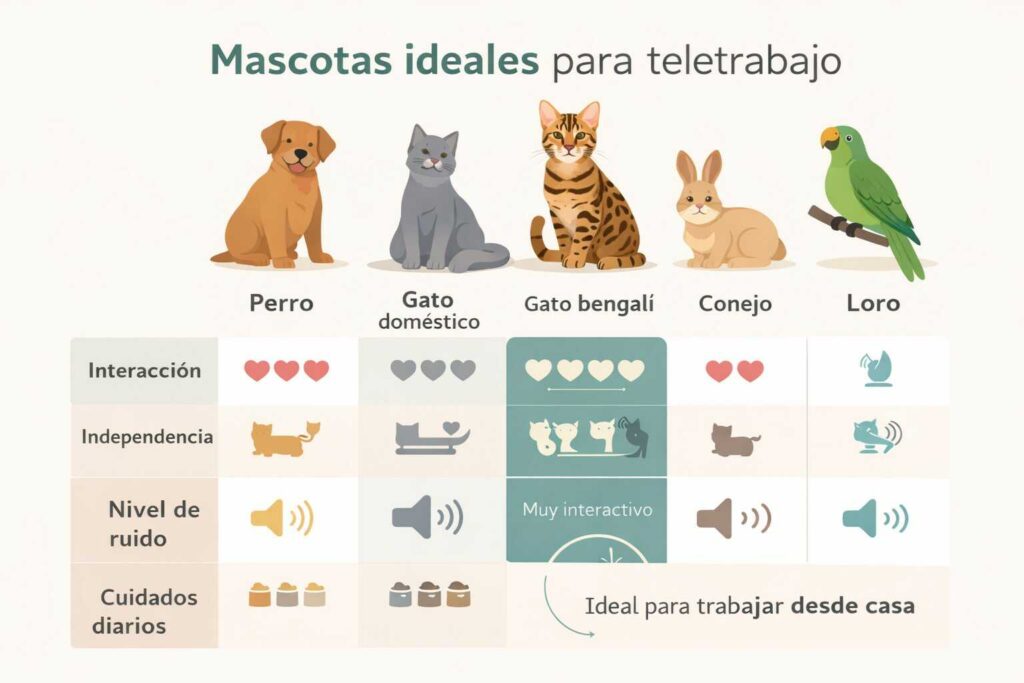 Infografía comparativa de mascotas ideales para teletrabajo destacando el gato bengalí