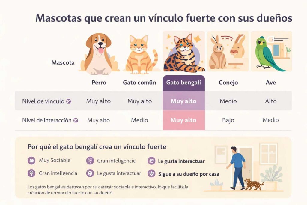 Infografía de mascotas que crean vínculo fuerte con humanos destacando el gato bengalí