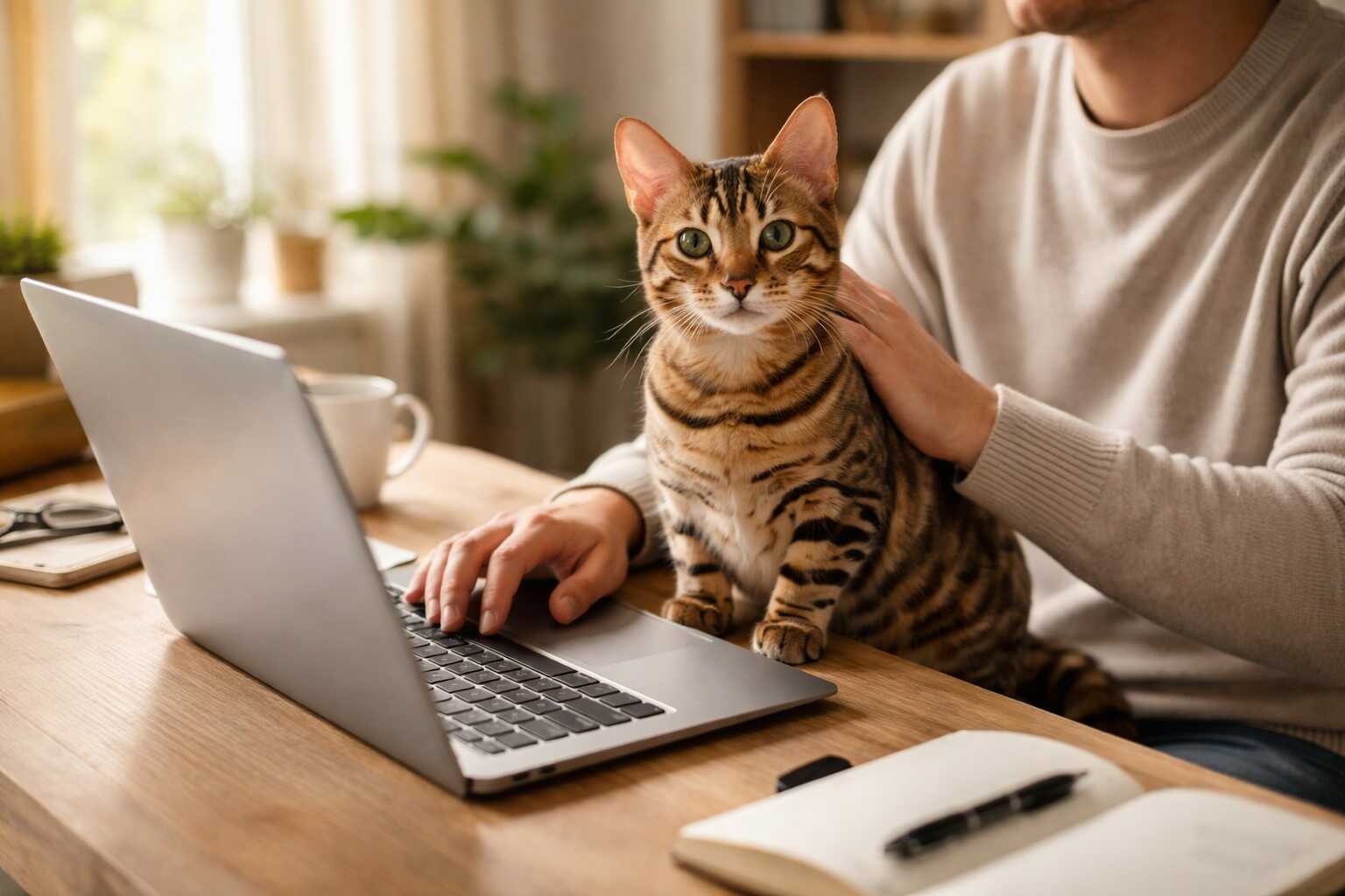 Gato bengalí acompañando a su dueño mientras teletrabaja desde casa