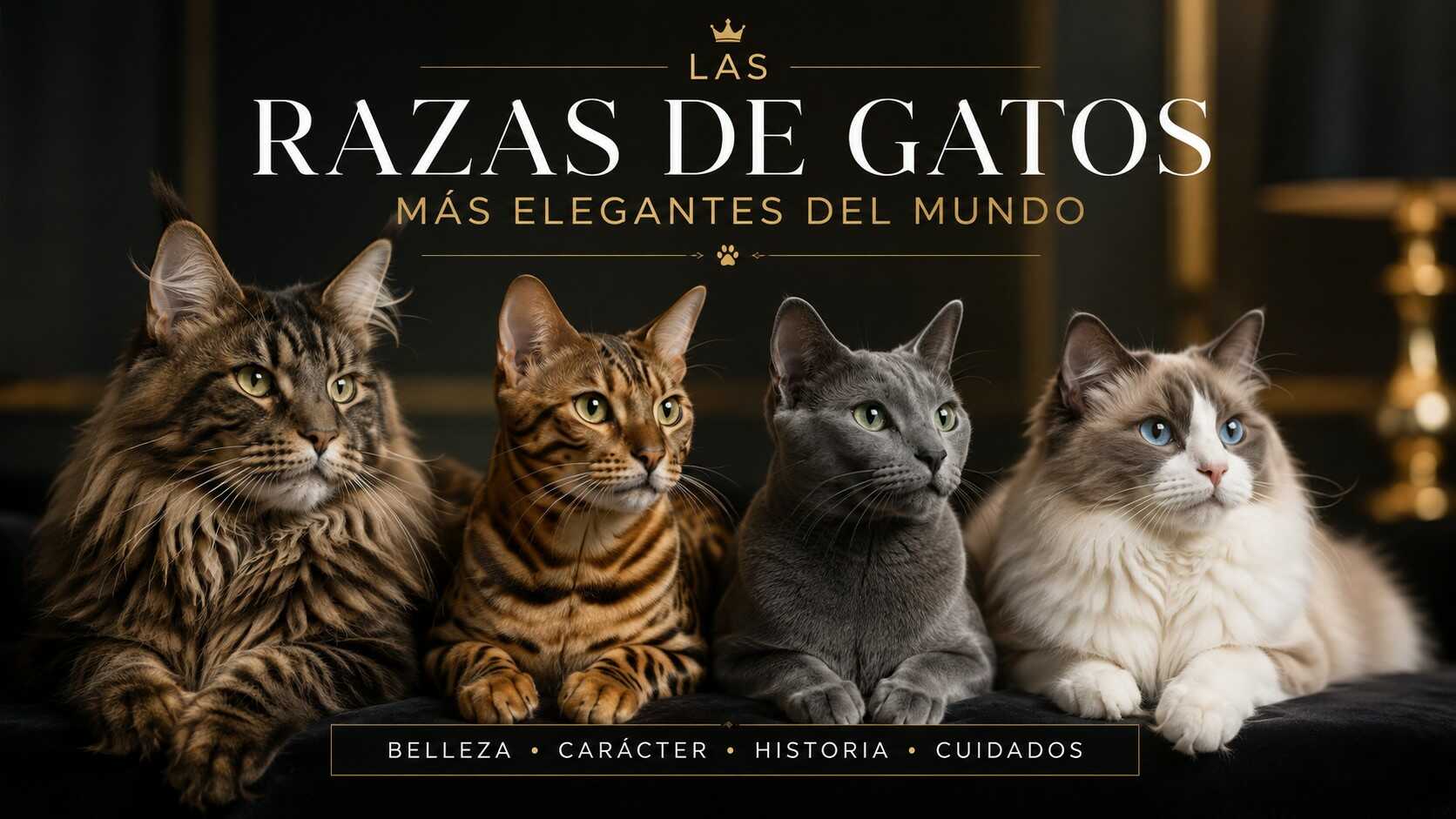Las razas de gatos más elegantes del mundo: Maine Coon, Bengalí, Azul Ruso y Ragdoll en una composición editorial premium con fondo oscuro elegante.
