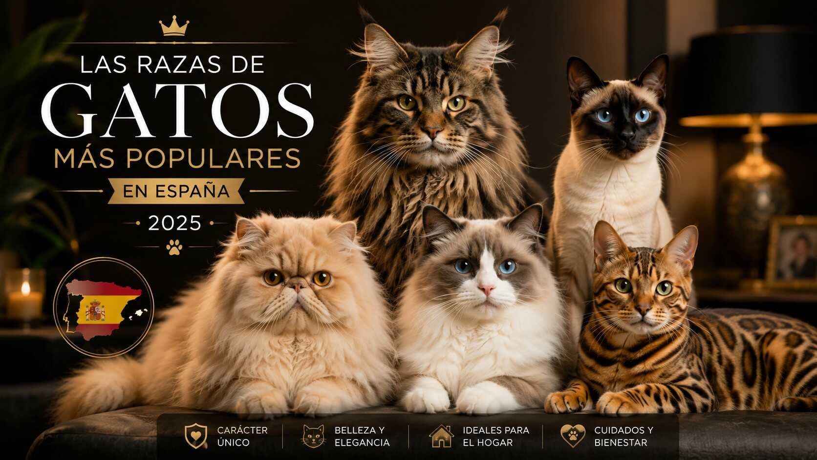 Las razas de gatos más populares en España en 2025: Maine Coon, Persa, Ragdoll, Siamés y Bengalí en una composición editorial elegante y moderna.