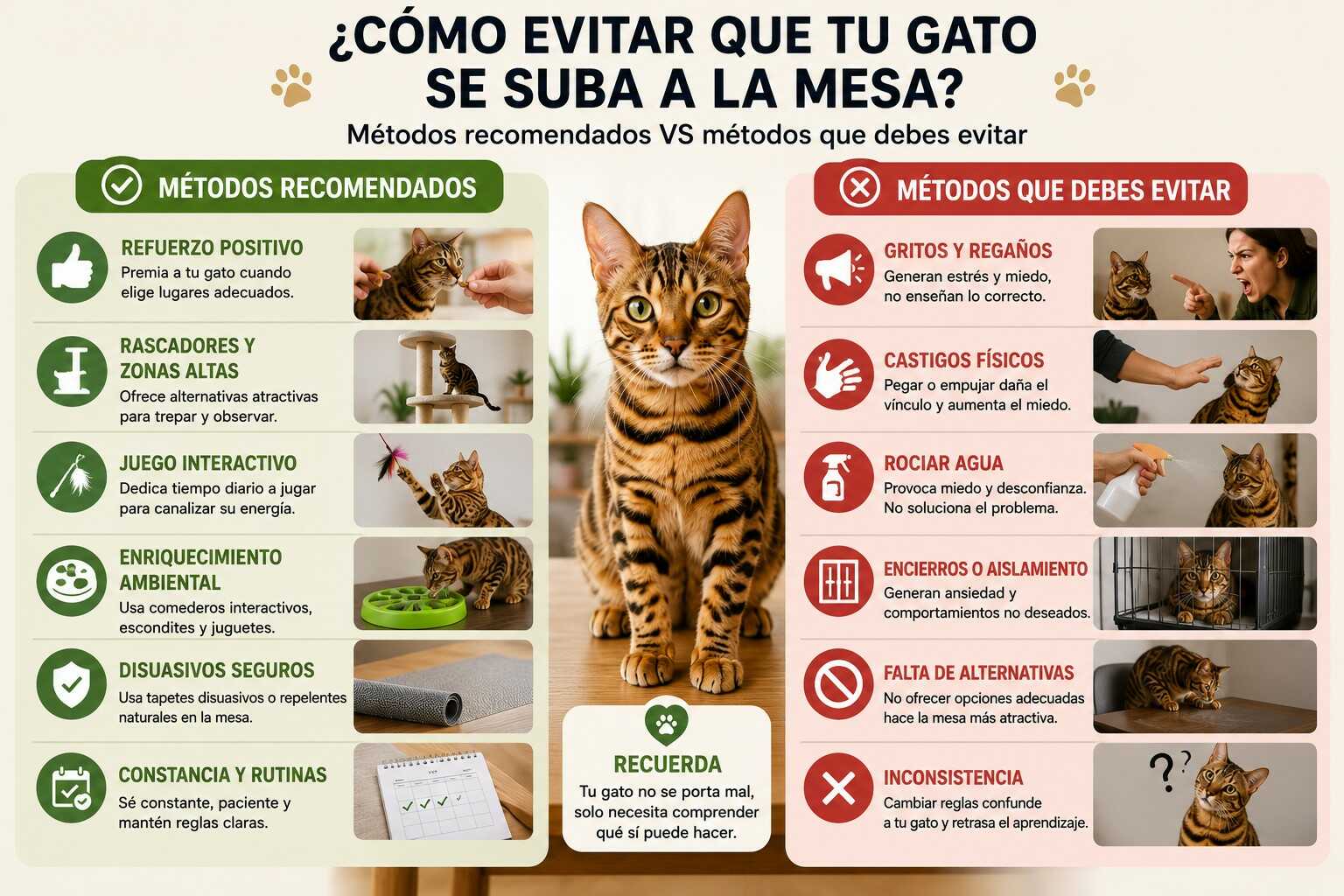 comparativa entre métodos positivos y castigos para evitar que un gato se suba a la mesa