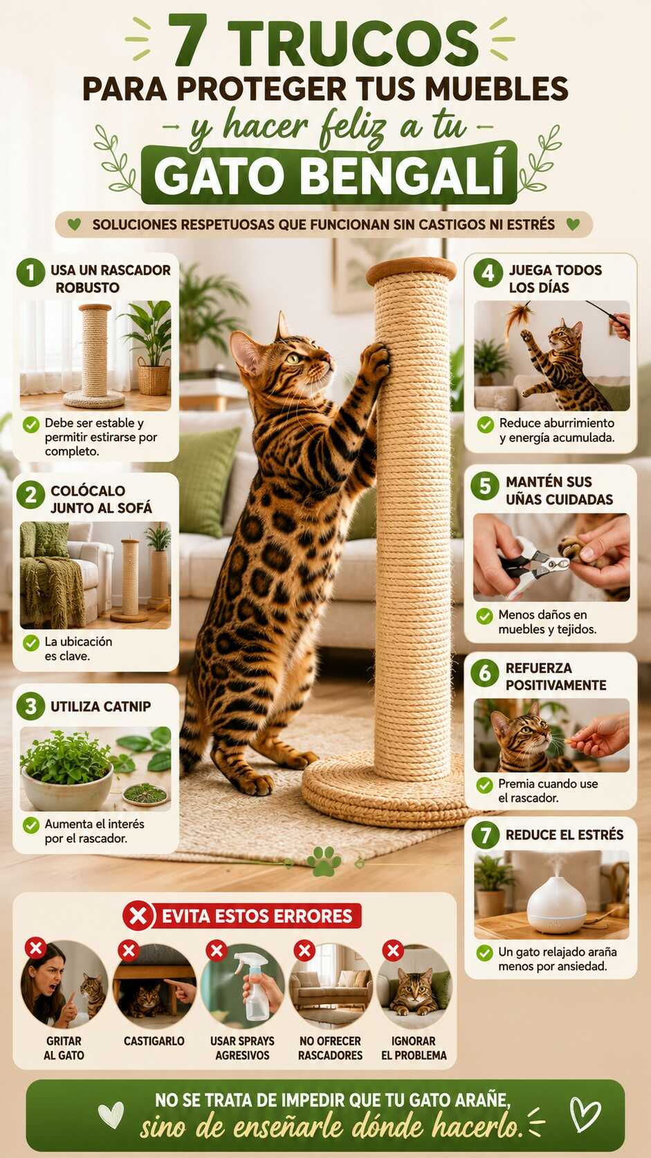 Infografía con siete consejos para evitar que un gato bengalí arañe los muebles usando rascadores juego y refuerzo positivo