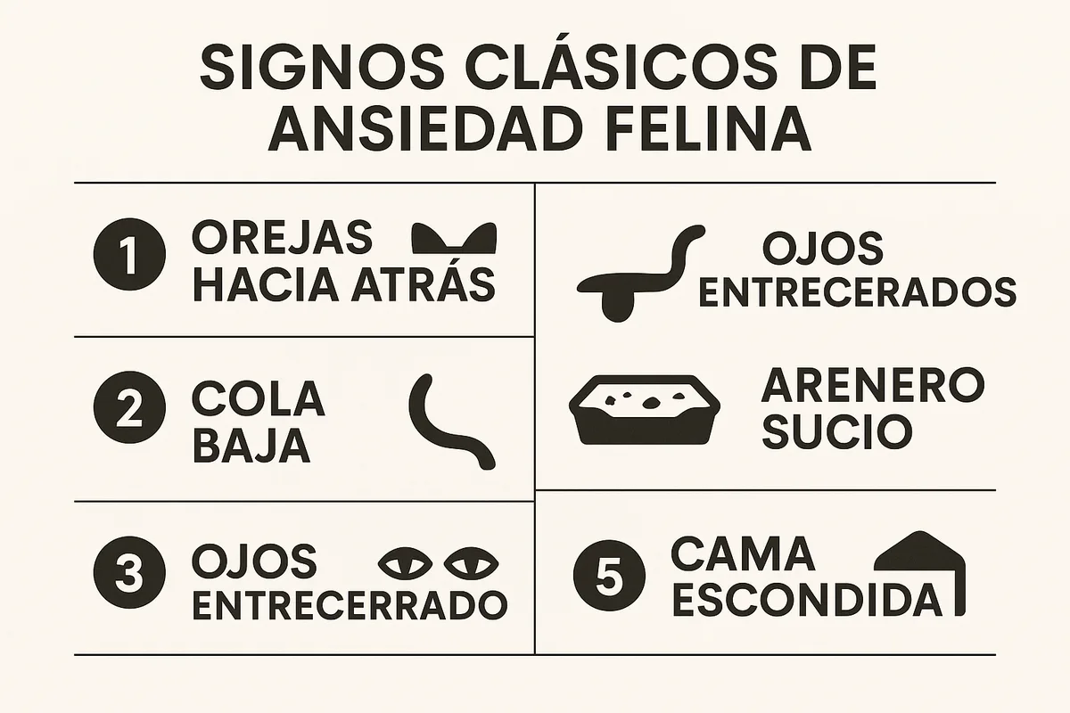 10-12 signos clásicos de ansiedad felina , usando iconos de orejas, cola, ojos, arenero, comida, cama, juguetes y refugios. I