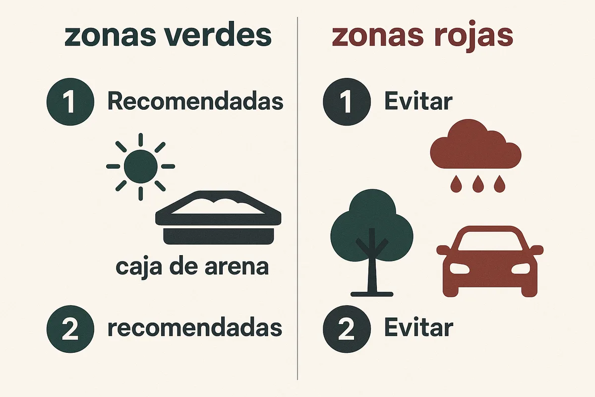 una vivienda con “zonas verdes” recomendadas y “zonas rojas” a evitar para colocar la caja de arena