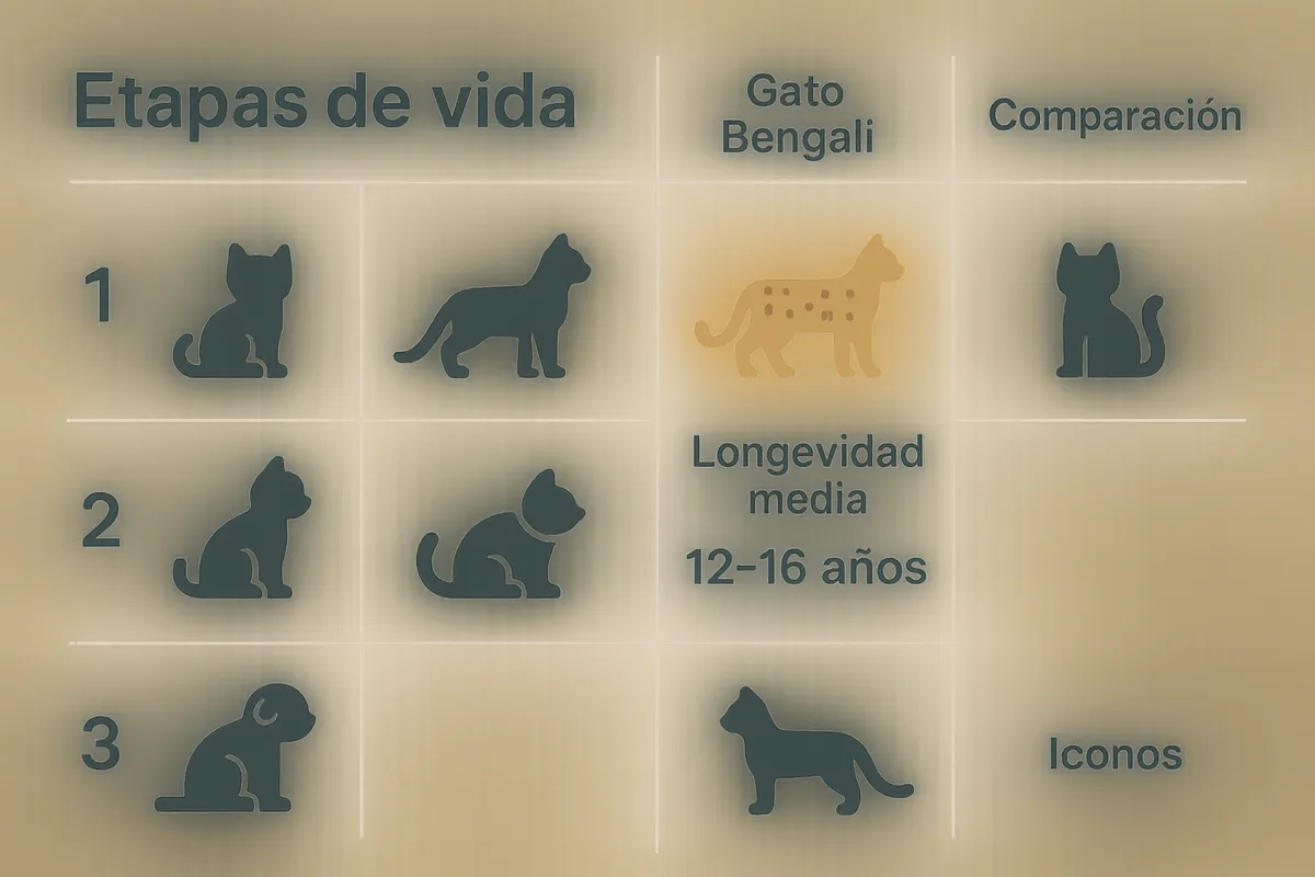 etapas de vida del gato , destacando la longevidad media del bengalí frente a otras razas