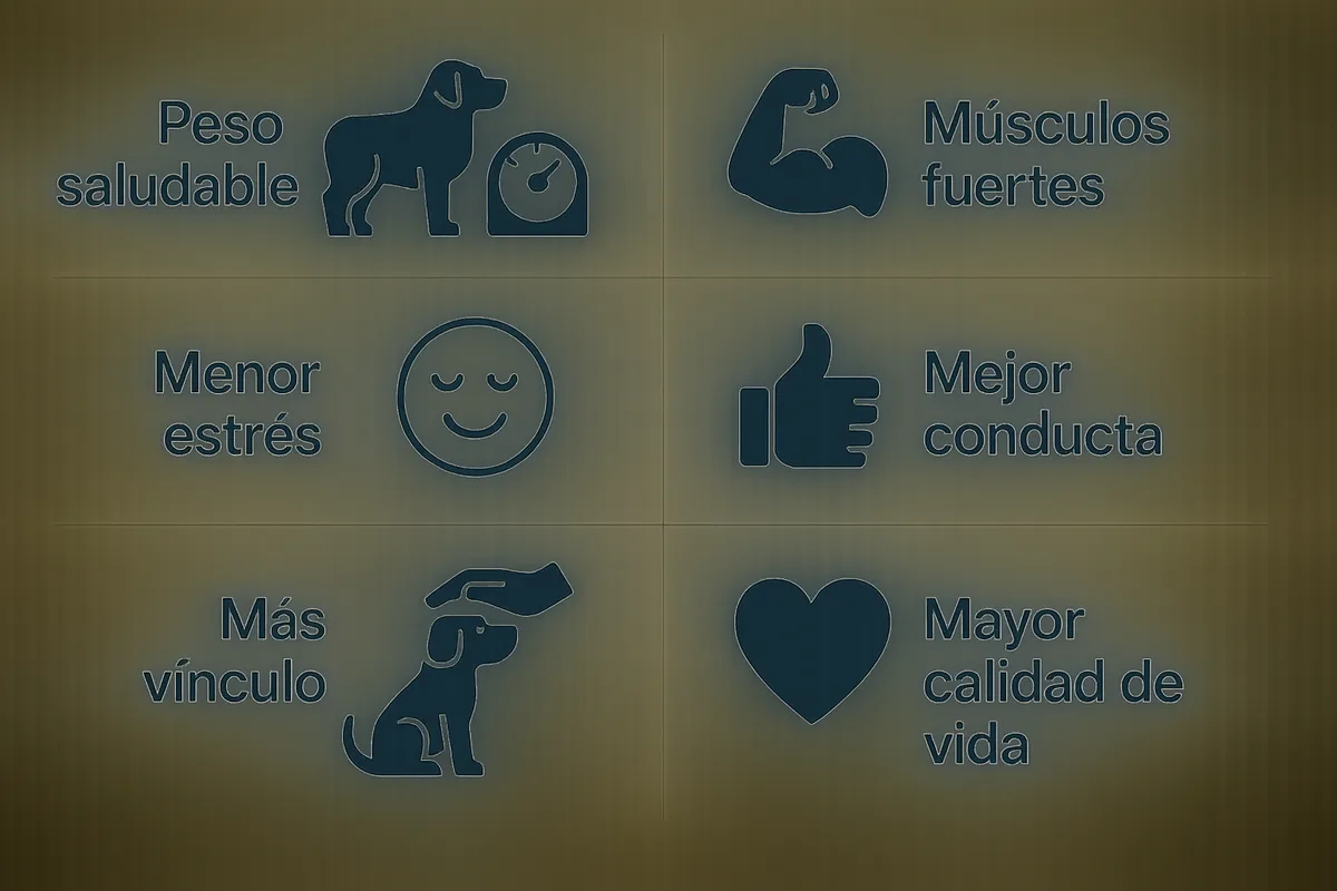 iconos sobre los beneficios del ejercicio: peso saludable, músculos fuertes, menor estrés, mejor conducta, más vínculo y mayo