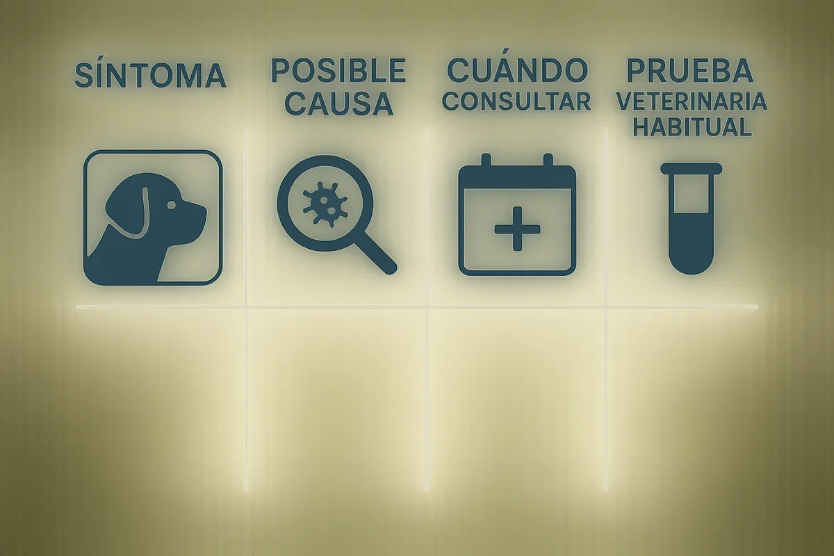 síntoma → posible causa → cuándo consultar → prueba veterinaria habitual